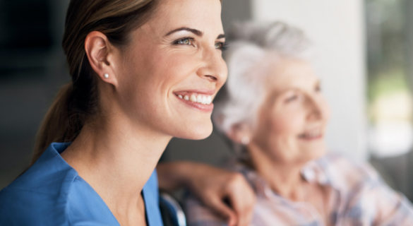 Hypothetical caregiver and a POMALYST® (pomalidomide) patient with relapsed/refractory multiple myeloma smiling