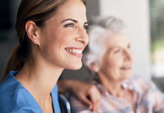 Hypothetical caregiver and a POMALYST® (pomalidomide) patient with relapsed/refractory multiple myeloma smiling